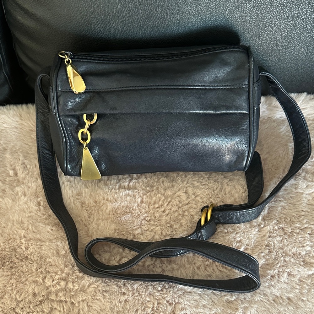 Americana by Sharif black blue Leather Bag with Gold Hardware